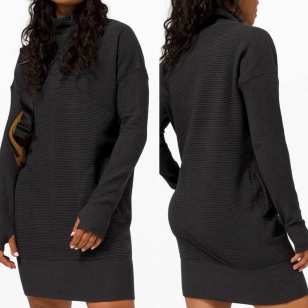 Lululemon women’s call for cozy black oversized above the knee high neck Dress 8